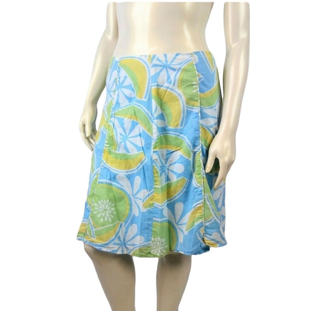FRENCH CUFF Vintage Y2K 100% Cotton Tropical Print A Line Skirt Yellow Blue